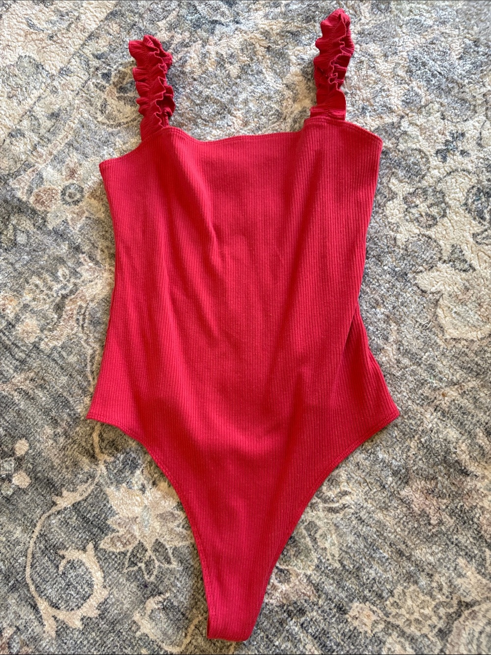 Sunday Best Red Ribbed Ruffle Strap Bodysuit